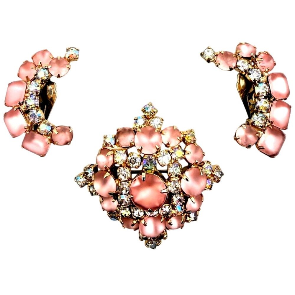 Vintage Pink Frosted Glass Cabochon Brooch Earrings Set AB Crystals Demi Parure